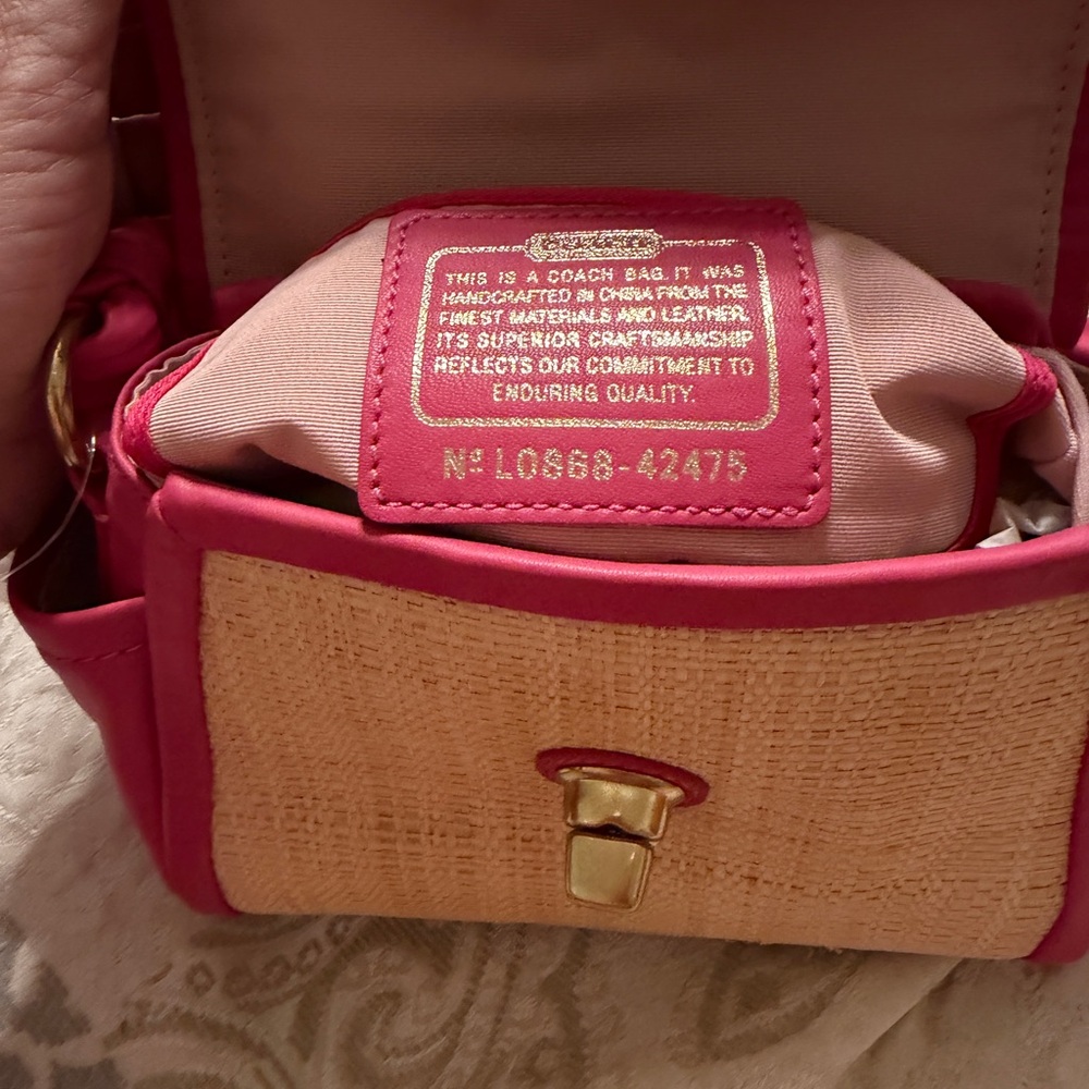 NWT Coach Pink Leather and Natural Straw shoulder bag small